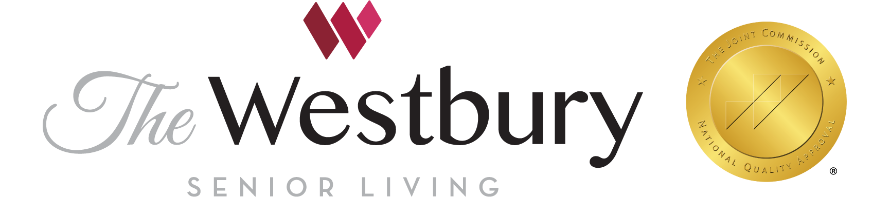 The Westbury Senior Living logo with a red geometric icon and Joint Commission gold seal, symbolizing quality care and national accreditation.
